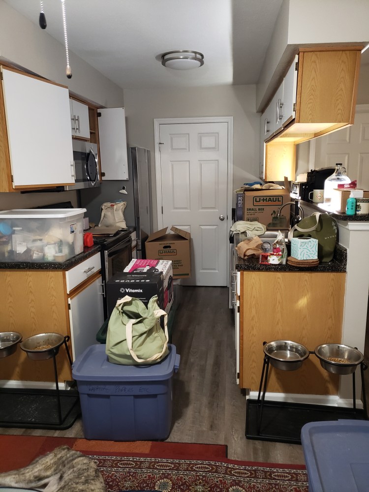Galley kitchen with bins on counters and floor