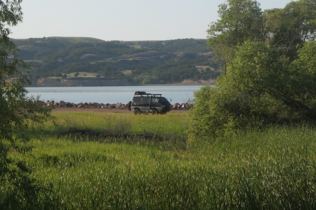 Van parked along the Missouri River