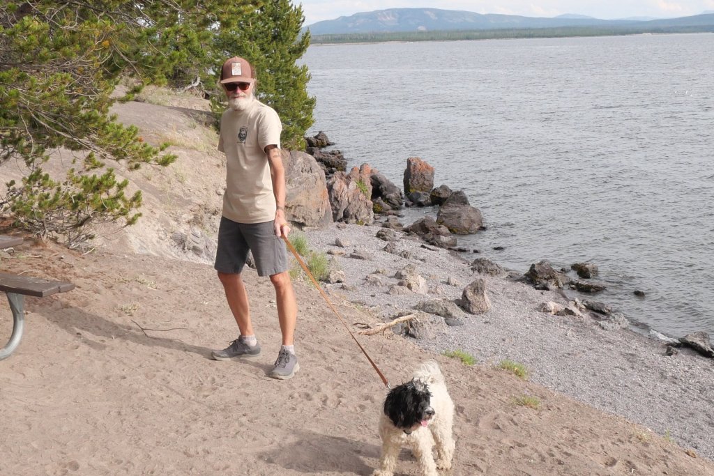 Mark and Poppy on lake shore
