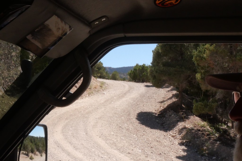 view of steep dirt road from the van