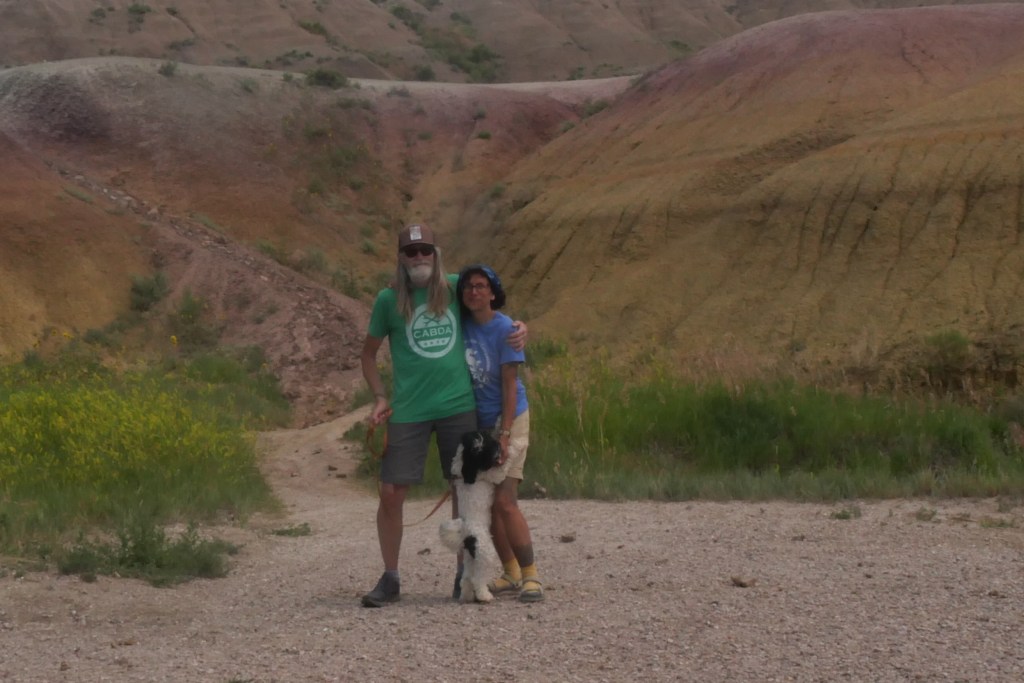 Mark and Lydia with Poppy in the Badlands